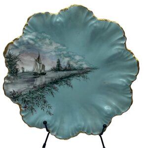 VTG Limoges AL Depose Porcelain Plate Teal Scallop Sailboats Gold Trim 9"